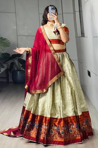 green silk blend woven traditional lehenga-choli