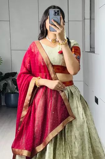 green silk blend woven traditional lehenga-choli