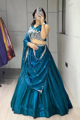 teal blue silk blend plain traditional lehenga-choli