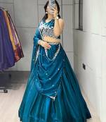 teal blue silk blend plain traditional lehenga-choli