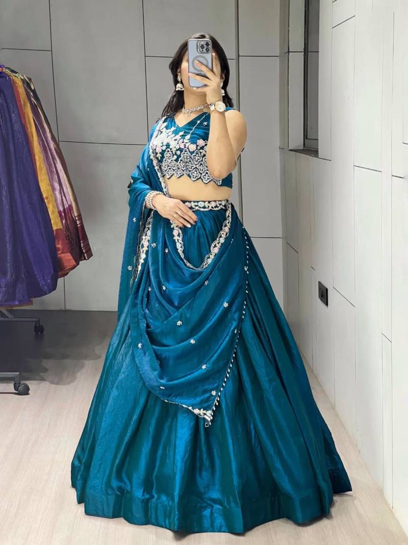 teal blue silk blend plain traditional lehenga-choli