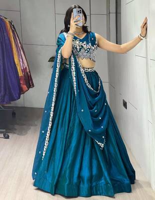 teal blue silk blend plain traditional lehenga-choli 3