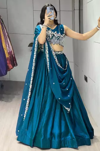 teal blue silk blend plain traditional lehenga-choli
