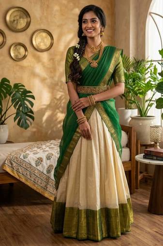 beige cotton silk plain traditional lehenga-choli