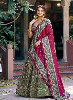 green art silk floral printed navratri lehenga choli 1