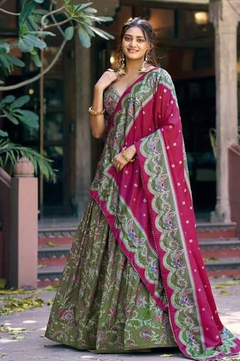 green art silk floral printed navratri lehenga choli