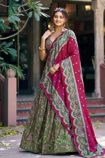 green art silk floral printed navratri lehenga choli