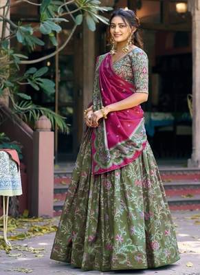 green art silk floral printed navratri lehenga choli 2