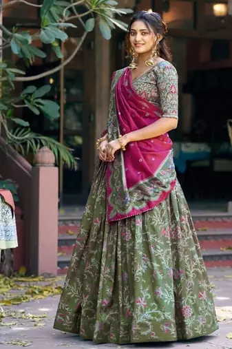 green art silk floral printed navratri lehenga choli