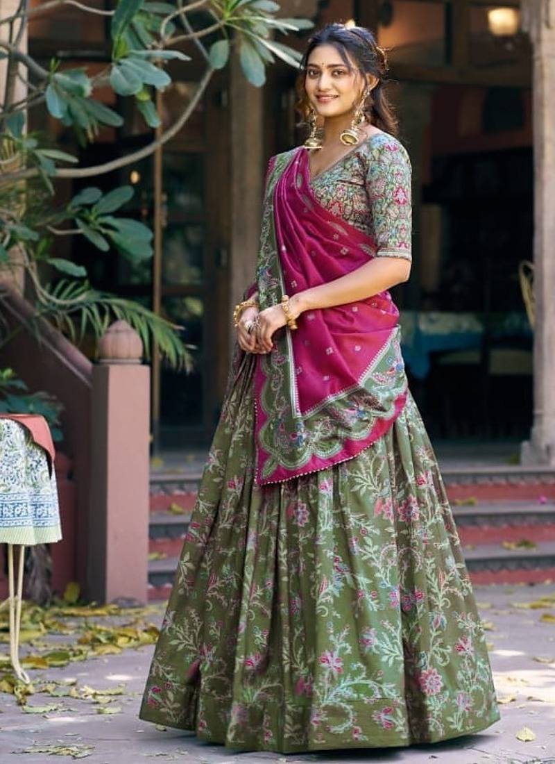 green art silk floral printed navratri lehenga choli