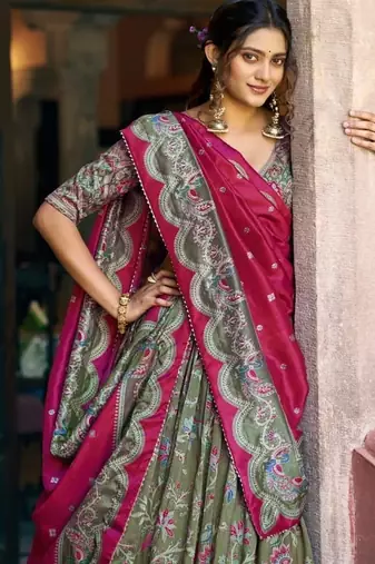 green art silk floral printed navratri lehenga choli