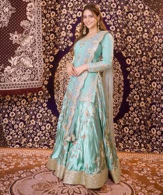 blue satin embroidered traditional lehenga-choli 1