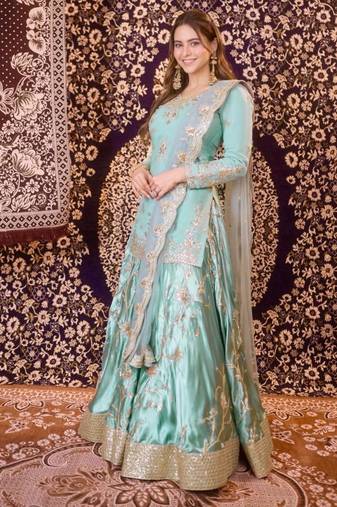 blue satin embroidered traditional lehenga-choli with free size upto 44