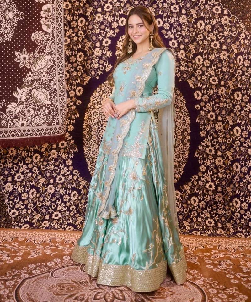blue satin embroidered traditional lehenga-choli