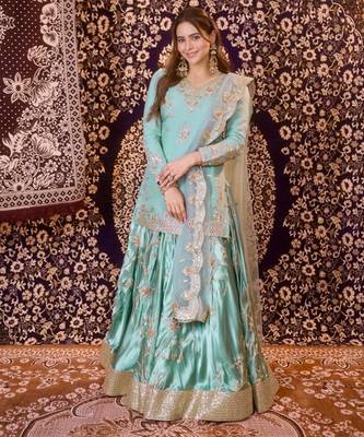 blue satin embroidered traditional lehenga-choli 2