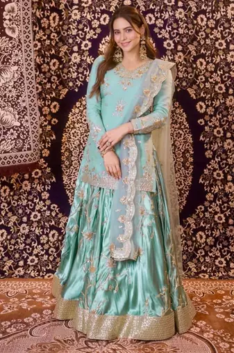 blue satin embroidered traditional lehenga-choli