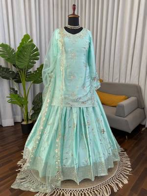 blue satin embroidered traditional lehenga-choli 4