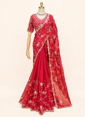Red silver bead & sequin embroidered fendi silk designer saree with unstitched blouse for wedding & party wear 3