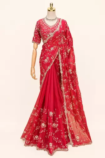 Red silver bead & sequin embroidered fendi silk designer saree with unstitched blouse for wedding & party wear