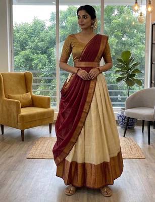 beige cotton silk plain traditional lehenga-choli 1