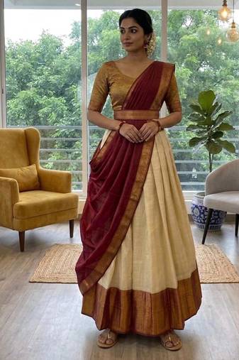 beige cotton silk plain traditional lehenga-choli