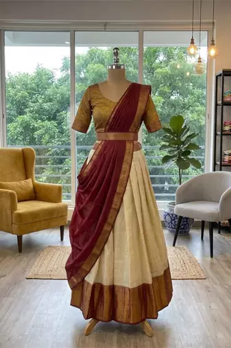 beige cotton silk plain traditional lehenga-choli