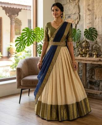 beige cotton silk plain traditional lehenga-choli 1