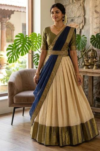 beige cotton silk plain traditional lehenga-choli