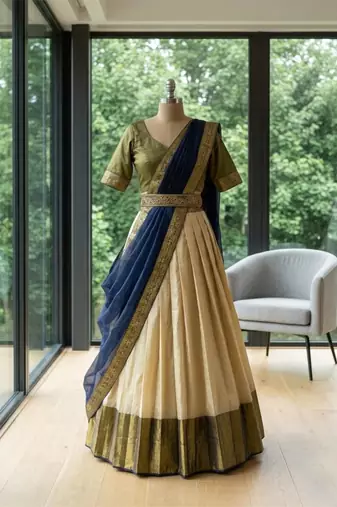 beige cotton silk plain traditional lehenga-choli