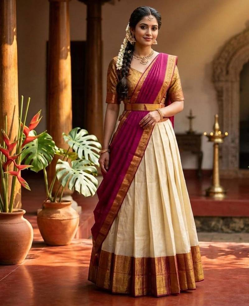 beige cotton silk plain traditional lehenga-choli