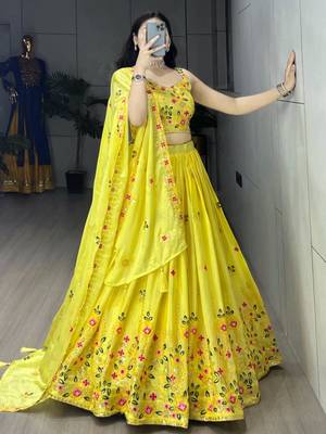 yellow chinon embroidered traditional lehenga-choli 1