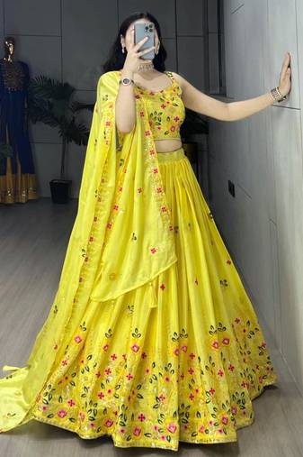 yellow chinon embroidered traditional lehenga-choli