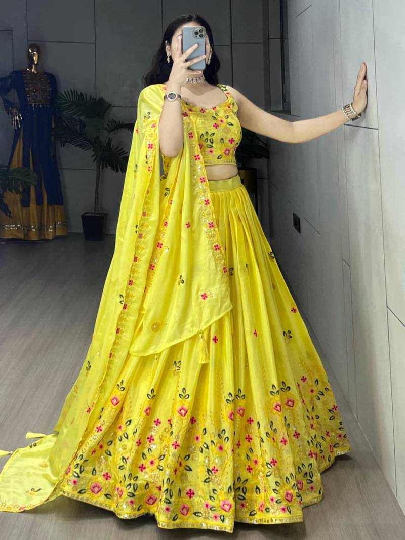 yellow chinon embroidered traditional lehenga-choli