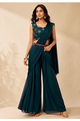 Women’s Designer Star Georgette Ready-to-Wear Palazzo Saree with Sequence Embroidered Stitched Blouse. 1