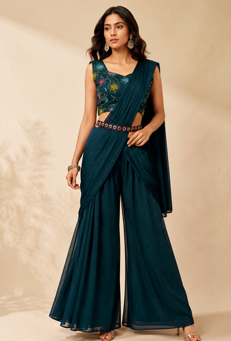 Women’s Designer Star Georgette Ready-to-Wear Palazzo Saree with Sequence Embroidered Stitched Blouse.