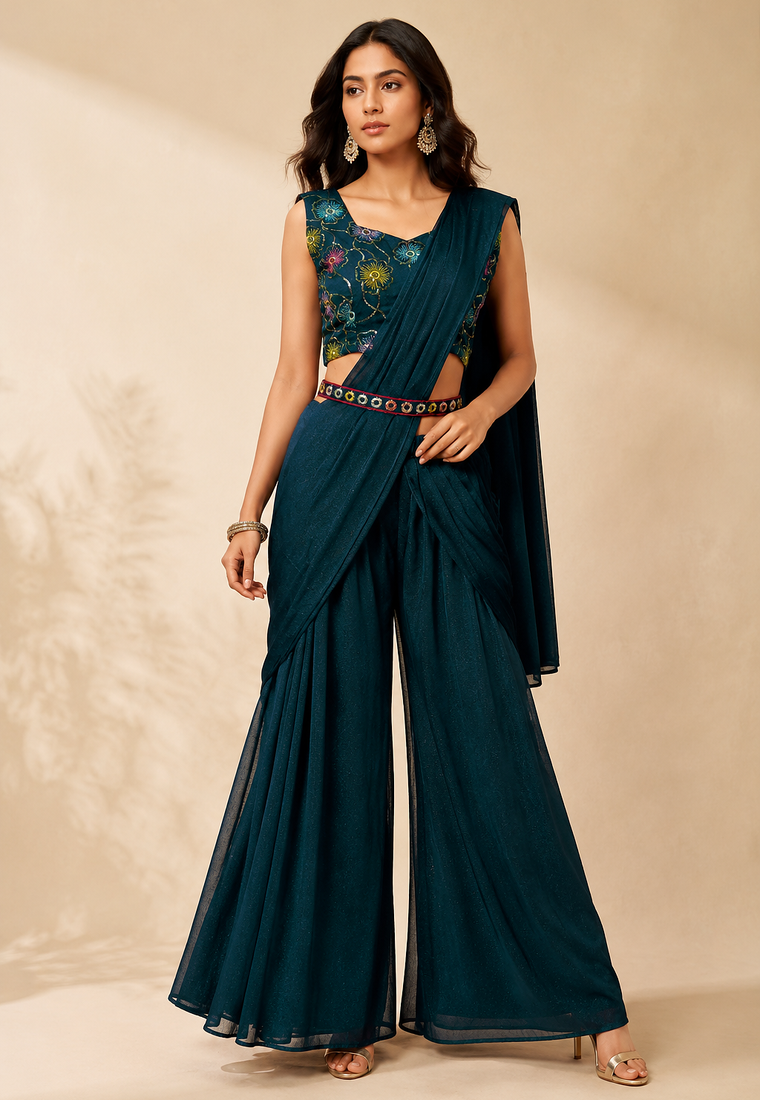 Women’s Designer Star Georgette Ready-to-Wear Palazzo Saree with Sequence Embroidered Stitched Blouse.