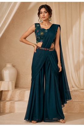 Women’s Designer Star Georgette Ready-to-Wear Palazzo Saree with Sequence Embroidered Stitched Blouse. 2