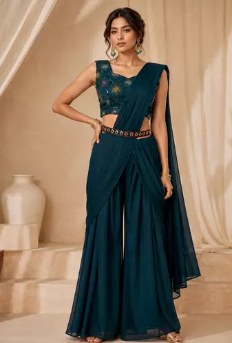 Women’s Designer Star Georgette Ready-to-Wear Palazzo Saree with Sequence Embroidered Stitched Blouse.