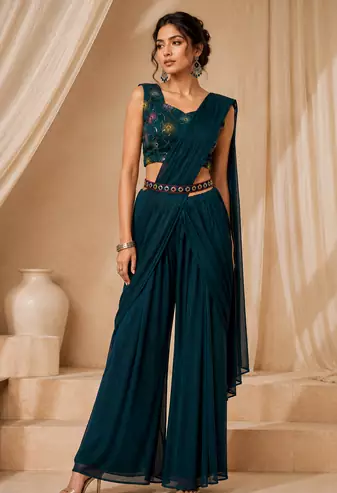 Women’s Designer Star Georgette Ready-to-Wear Palazzo Saree with Sequence Embroidered Stitched Blouse.
