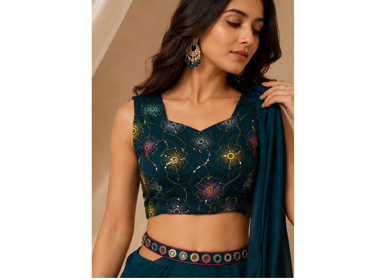 Women’s Designer Star Georgette Ready-to-Wear Palazzo Saree with Sequence Embroidered Stitched Blouse. 6