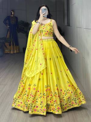 yellow chinon embroidered traditional lehenga-choli 3