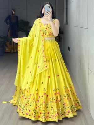 yellow chinon embroidered traditional lehenga-choli 4