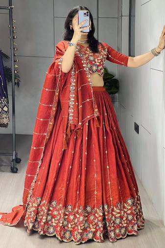 orange silk blend embroidered traditional lehenga-choli