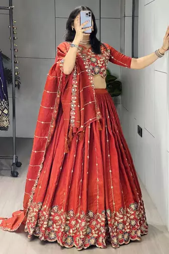 orange silk blend embroidered traditional lehenga-choli