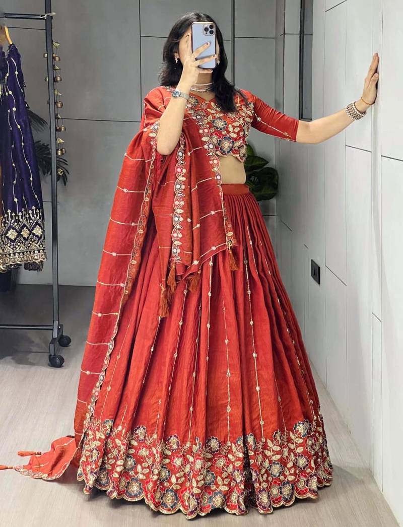 orange silk blend embroidered traditional lehenga-choli