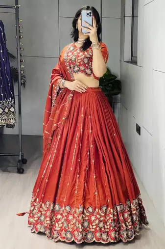 orange silk blend embroidered traditional lehenga-choli