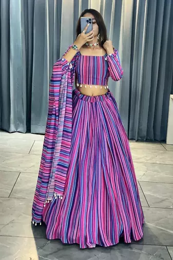 purple georgette stripes print fashion lehenga-choli with free size upto 44
