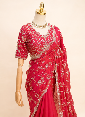 Red silver bead & sequin embroidered fendi silk designer saree with unstitched blouse for wedding & party wear 4