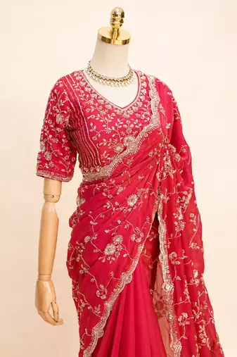 Red silver bead & sequin embroidered fendi silk designer saree with unstitched blouse for wedding & party wear