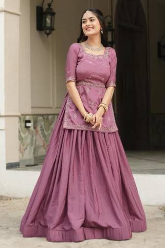 purple chinon plain designer lehenga-choli with free size upto 44